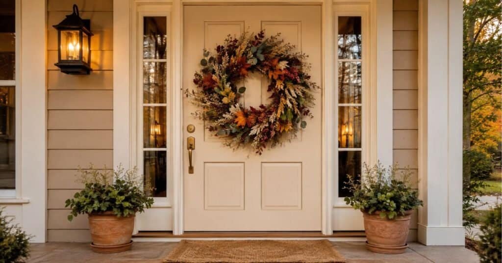 Oversized front door autumn wreath with maple leaves, eucalyptus, berries, wheat, and layered fall foliage on a cream door.