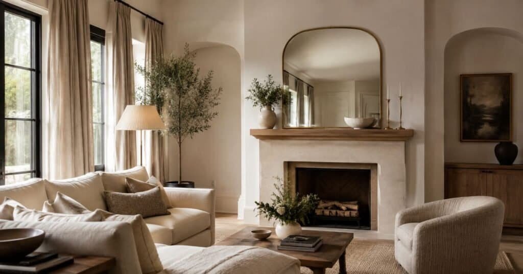 Oversized mirror above a warm fireplace with minimal mantel decor, brass accents, and soft natural light.