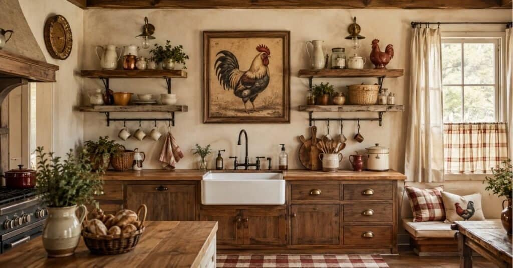 Rooster kitchen decor with framed rooster art, rustic wood shelves, cream walls, woven baskets, and muted red country accents.
