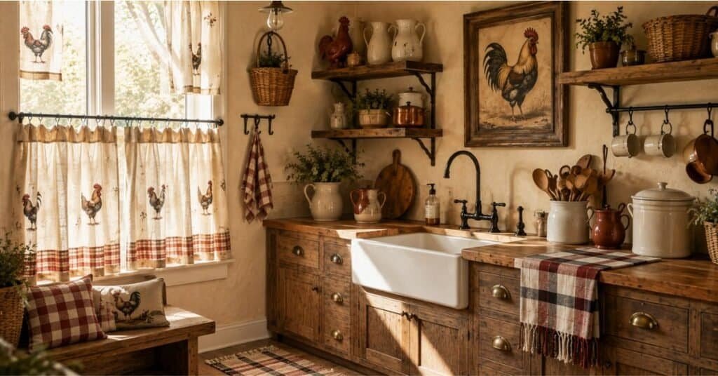 Rooster kitchen decor with linen cafe curtains, checked runner, rustic wood cabinets, cream walls, and warm farmhouse textiles.