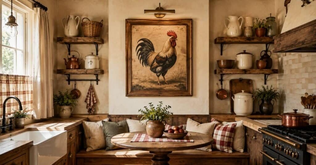 Rooster kitchen wall decor with framed vintage rooster art, cream walls, aged brass light, rustic shelves, and cozy breakfast nook.
