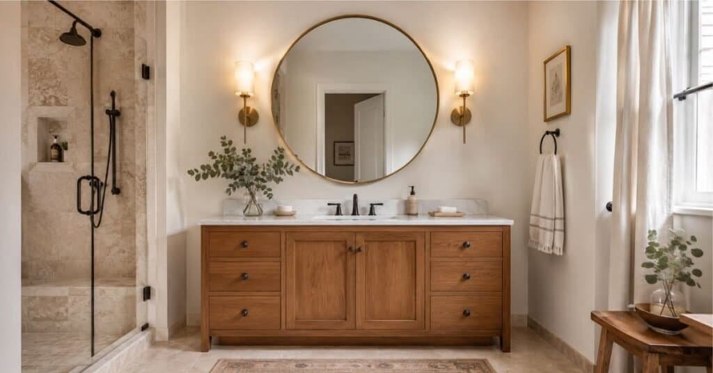 Round decorative bathroom mirror with brushed brass frame, warm sconces, wood vanity, marble look counter, and soft clean styling.