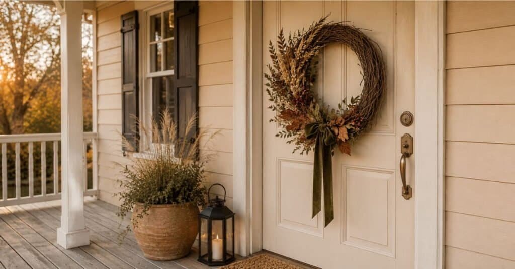 Rustic front door autumn wreath with grapevine, wheat stalks, burgundy berries, olive leaves, and a velvet ribbon.