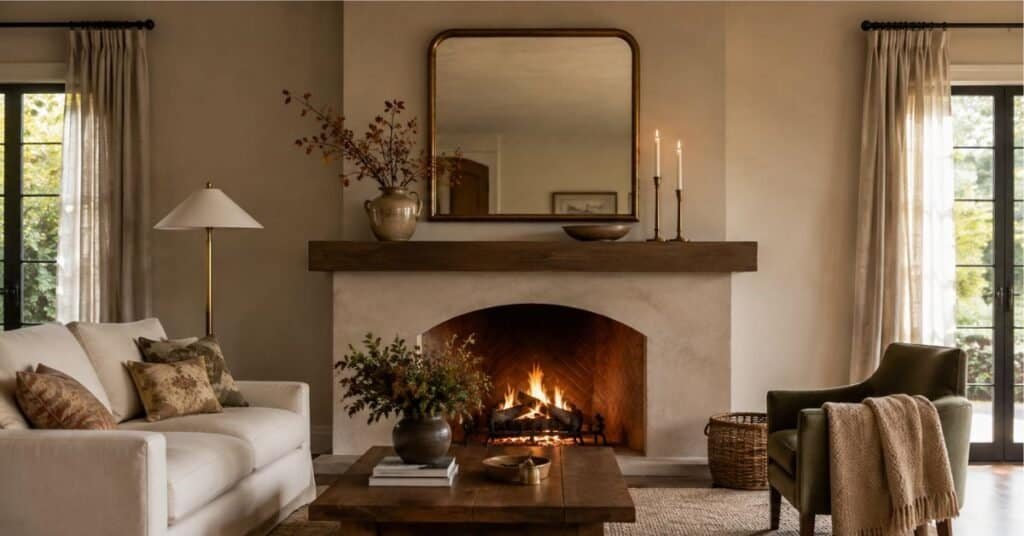 Seasonal fireplace decor with simple branches, brass candle holders, warm wood, and soft neutral living room styling.