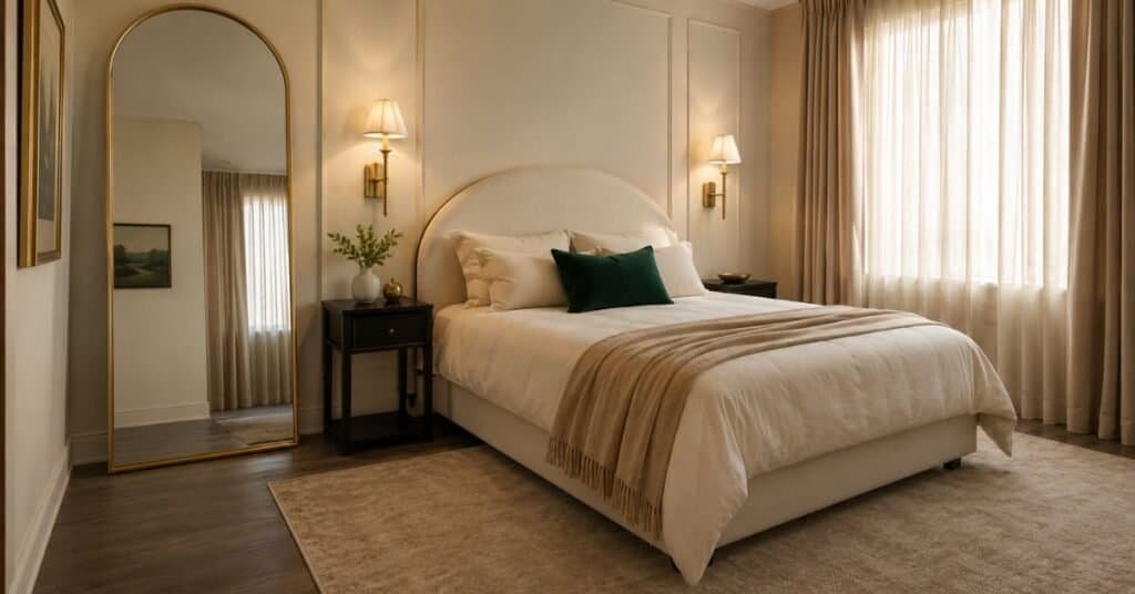 Small Art Deco bedroom with curved cream headboard, emerald pillow, brass sconces, tall arched mirror, and clear floor space.