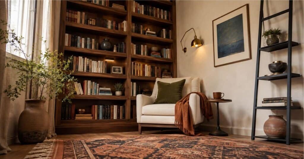 Small apartment reading nook with tall walnut shelves, cream chair, brass wall sconce, rust throw, olive cushion, and cozy loft inspired styling.