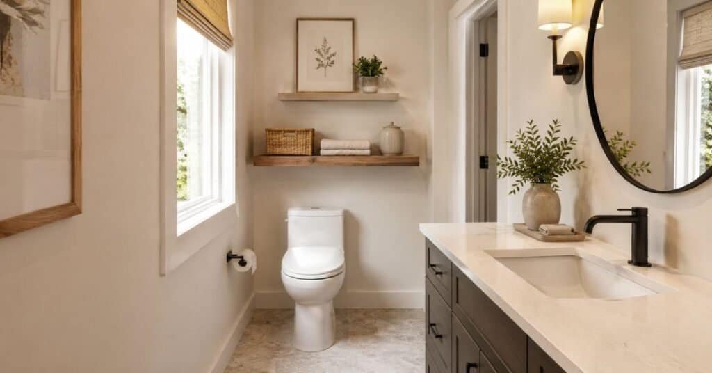 Small bathroom above toilet decor with a slim pale oak shelf, shallow picture ledge, woven basket, folded towel, and simple framed art.