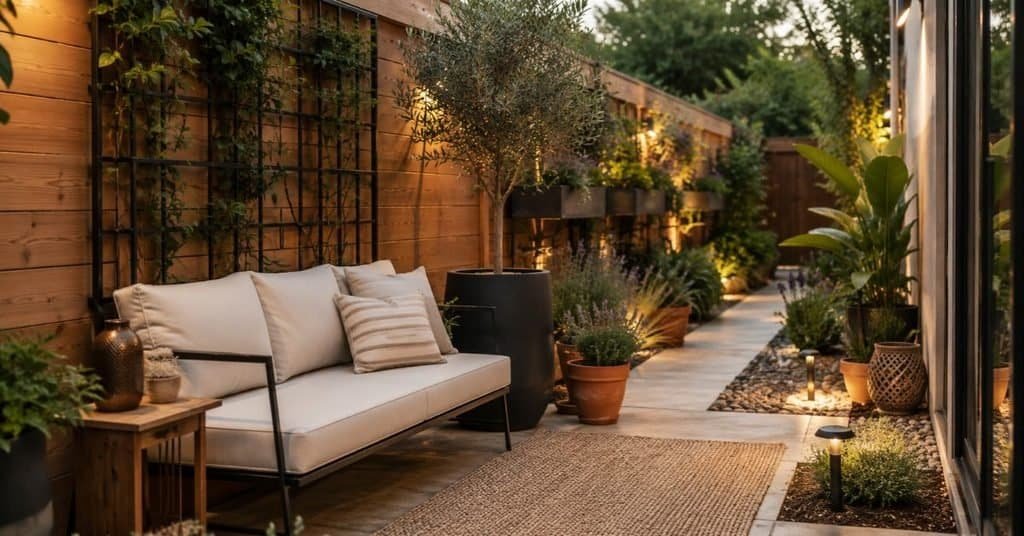 Small garden decor ideas with vertical planters, slim outdoor seating, terracotta pots, warm lights, and a clear walking path.
