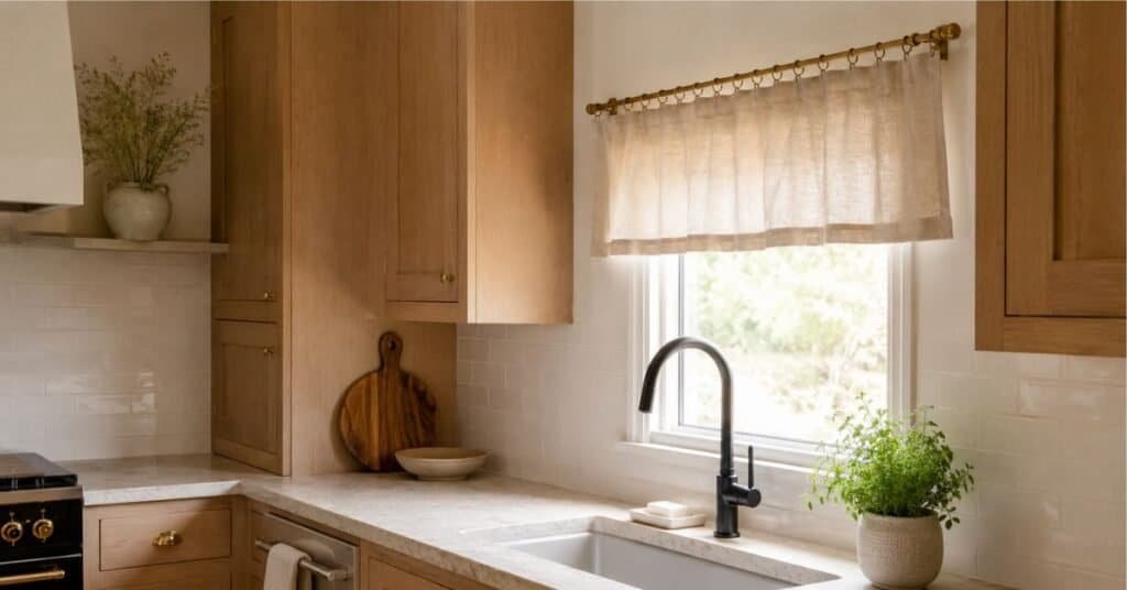 Small kitchen window valance ideas with short beige linen fabric, light oak cabinets, brass rod, and clear counter space.