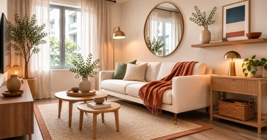 Small minimalist room decor with cream sofa, round mirror, pale oak tables, sage pillow, rust throw, woven basket, and clear walkway.