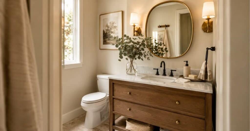 Small powder room with decorative bathroom mirror, brushed brass frame, warm sconces, wood vanity, marble look counter, and clean styling.