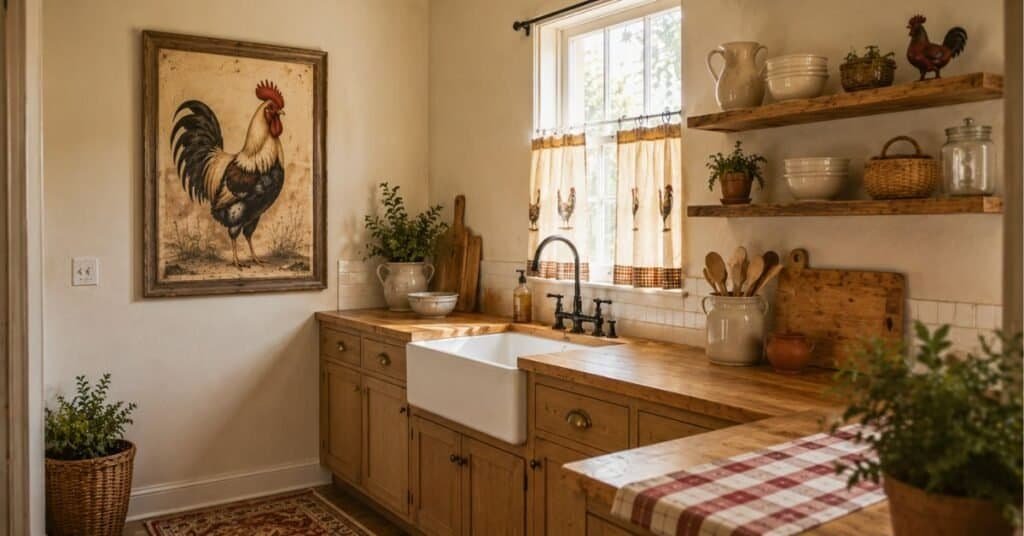 Small rooster kitchen decor with cream walls, framed rooster art, light wood shelves, clear counters, and muted red runner.