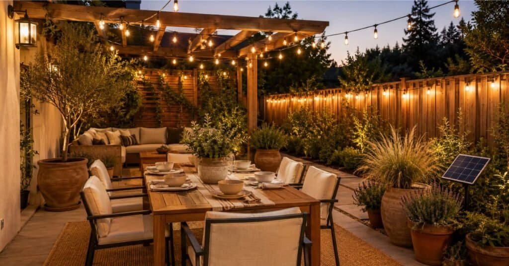 Solar powered string lights glowing across a pergola, fence line, and outdoor dining area with warm backyard lighting.