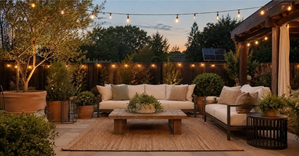 Solar powered string lights glowing over a cozy backyard patio with outdoor seating, planters, and warm evening light.