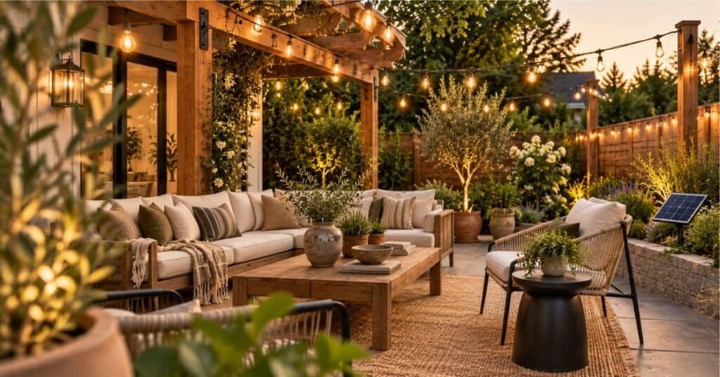 Solar powered string lights hung over a backyard patio with a sunny solar panel spot, cozy seating, planters, and warm outdoor glow.