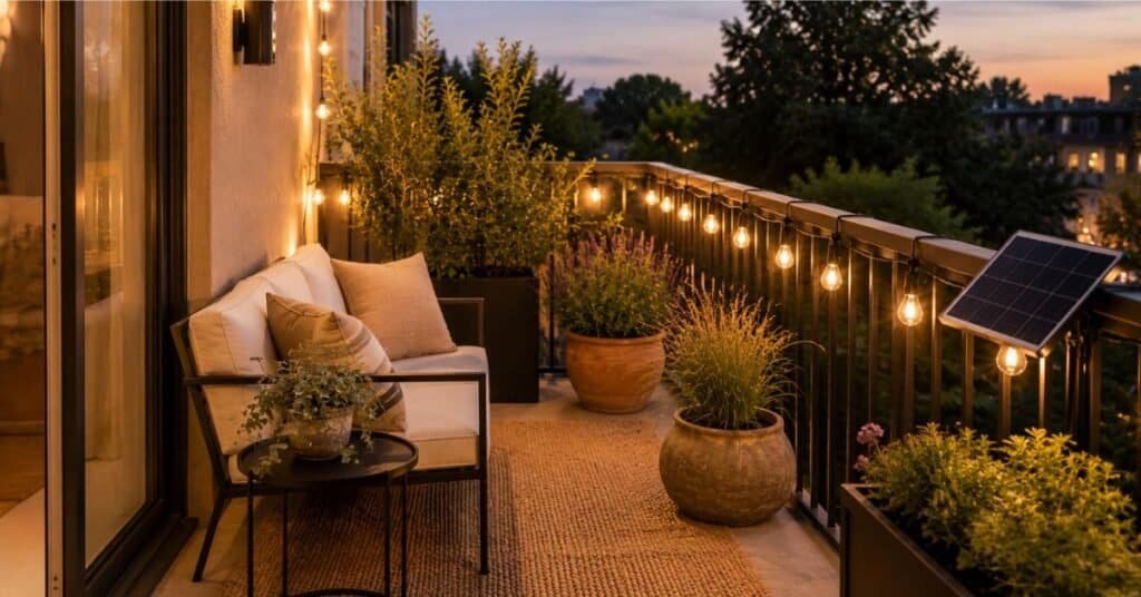 Solar powered string lights on a small balcony with railing lights, compact seating, potted plants, and warm evening glow.