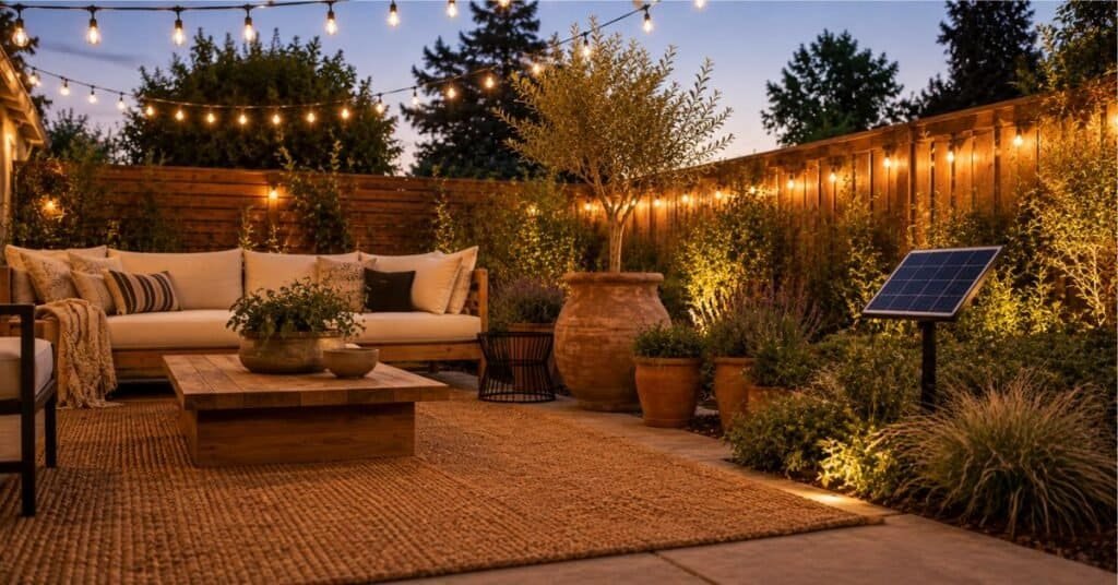 Solar powered string lights over a backyard patio with sunny panel placement, warm bulbs, cozy seating, and potted greenery.