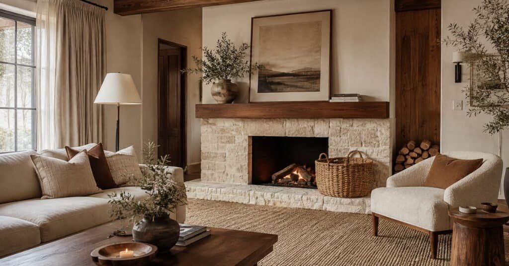 Stone fireplace with warm wood mantel, woven basket, wool rug, linen curtains, and soft neutral living room decor.