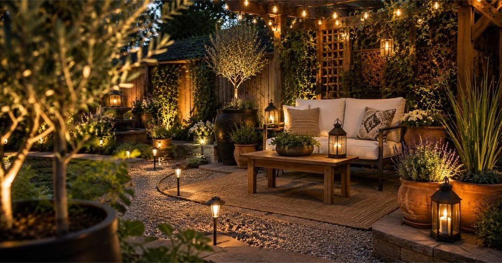 Warm garden lighting with string lights, pathway lights, lantern style accents, planters, and cozy backyard seating at dusk.
