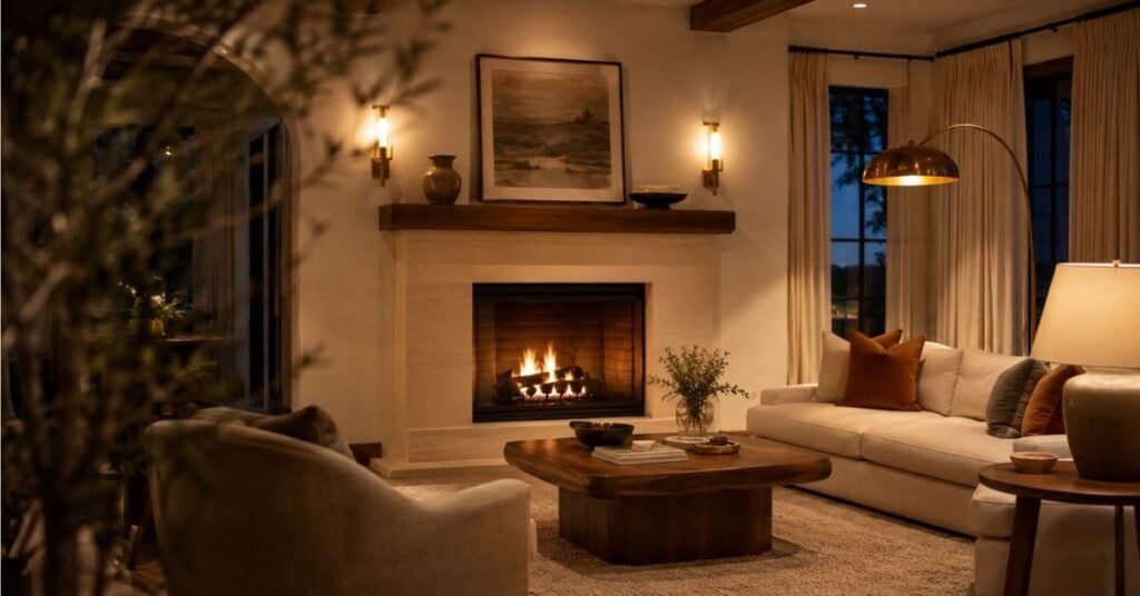 Warm living room fireplace with layered floor, table, and wall lighting creating a cozy evening glow.