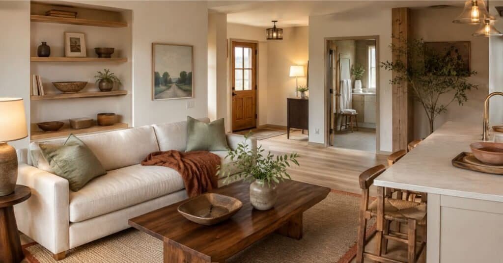 Warm minimalist open home with cream sofa, sage pillows, wood coffee table, kitchen counter, woven baskets, and bathroom doorway.