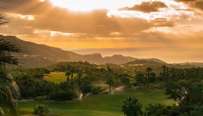 Luxurious Golf Course At Sunset With Lush Greenery And Palm Trees, Showcasing Querencia'S Scenic Landscape And Premium Real Estate Offerings.