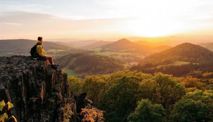Vast Landscape View With A Hiker Sitting On A Rocky Cliff At Sunset, Showcasing The Natural Beauty And Tranquility Of Querencia Real Estate Locations.