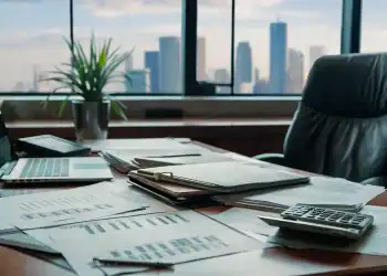 Escrit&oacute;rio com mesa de mogno, laptop prateado, documentos financeiros e calculadora, planta em vaso e horizonte urbano.