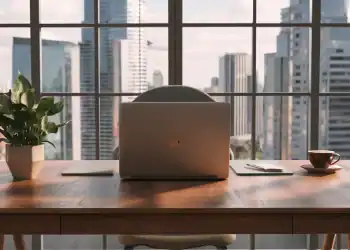 Escrit&oacute;rio moderno com laptop prata, caf&eacute; e planta em mesa de madeira, janela ao fundo com vista da cidade.