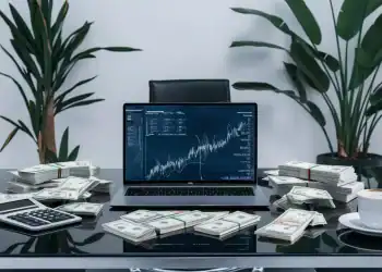 Escrit&oacute;rio com mesa moderna, laptop mostrando gr&aacute;ficos financeiros, pilhas de dinheiro, calculadora e planta ao fundo.