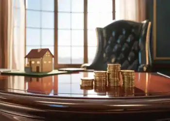 Modelo de casa em miniatura sobre mesa de madeira com moedas de ouro ao sol em escrit&oacute;rio.