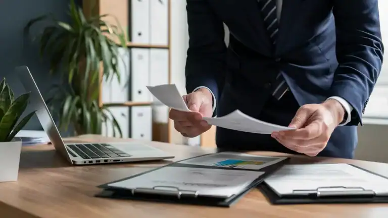 Profissional de negócios em traje azul analisa documentos financeiros em uma mesa de madeira com um laptop aberto.