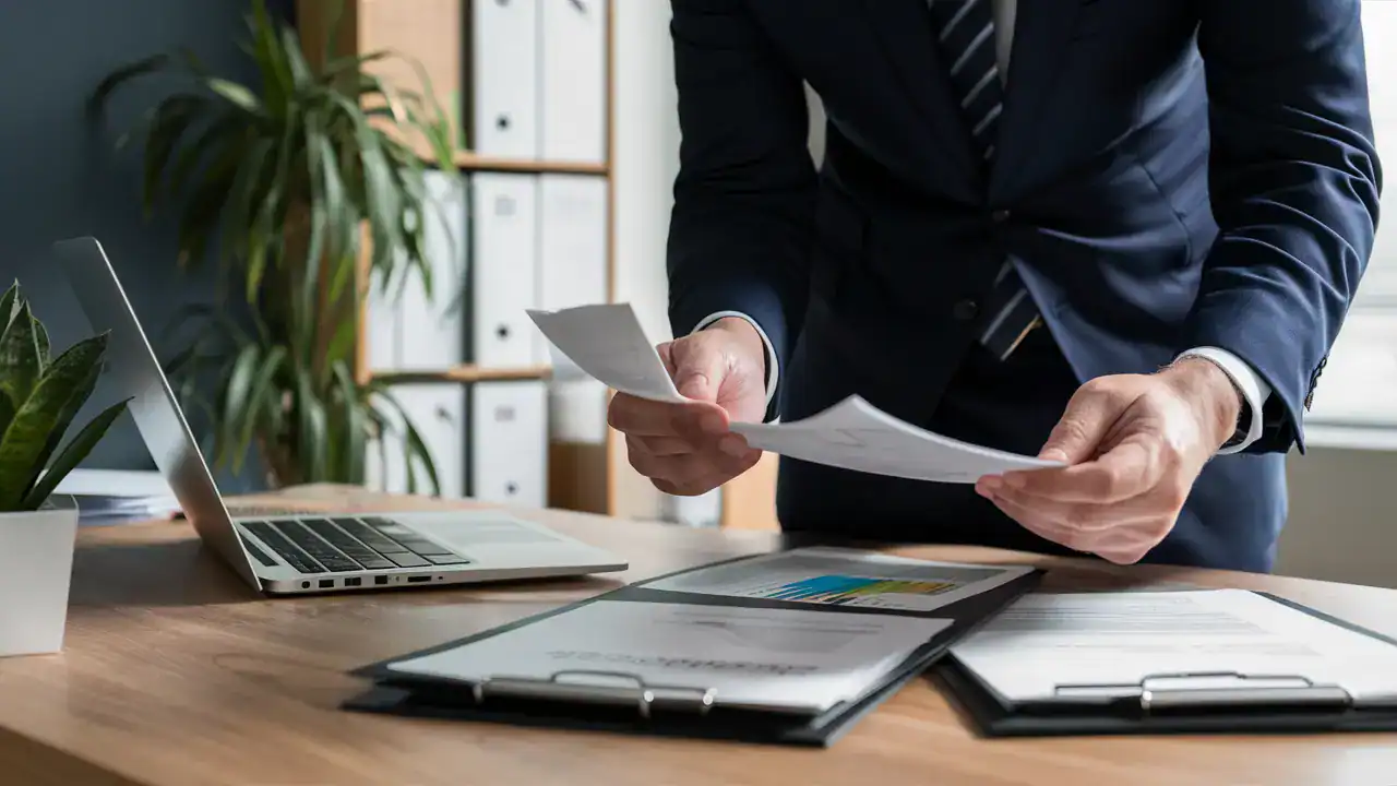 Profissional de negócios em traje azul analisa documentos financeiros em uma mesa de madeira com um laptop aberto.