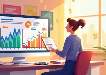 Pessoa analisando dados financeiros em um computador com cart&otilde;es de cr&eacute;dito e recibos na mesa.