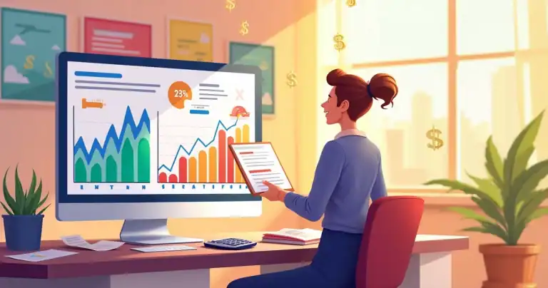 Pessoa analisando dados financeiros em um computador com cartões de crédito e recibos na mesa.