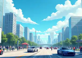 Ilustra&ccedil;&atilde;o de uma cidade futurista em 2025, com carros el&eacute;tricos e tecnologia interativa.