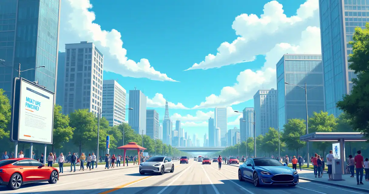 Ilustração de uma cidade futurista em 2025, com carros elétricos e tecnologia interativa.