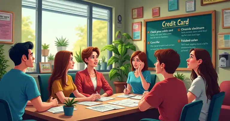 Ilustração de um escritório financeiro com pessoas buscando orientação sobre cartões de crédito, com um conselheiro amigável.