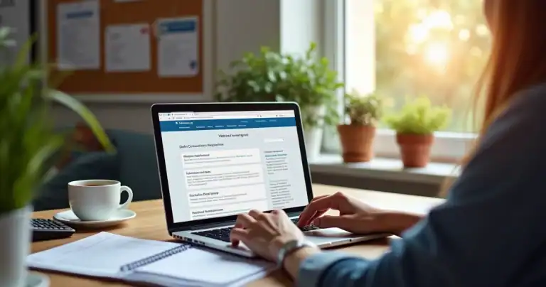 Pessoa usando laptop em uma mesa, acessando site sobre regularização de débitos de veículo.