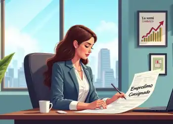 Uma mulher em um escrit&oacute;rio moderno analisando documentos financeiros sobre Empr&eacute;stimo Consignado.