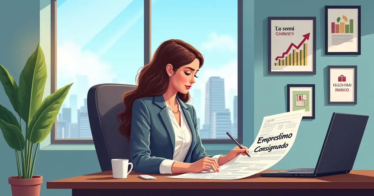 Uma mulher em um escritório moderno analisando documentos financeiros sobre Empréstimo Consignado.