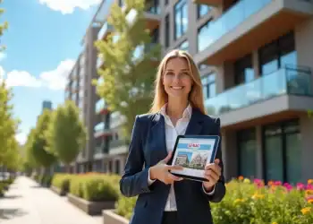 Mulher profissional em frente a um pr&eacute;dio urbano moderno &agrave; venda, segurando um tablet com listagens imobili&aacute;rias.