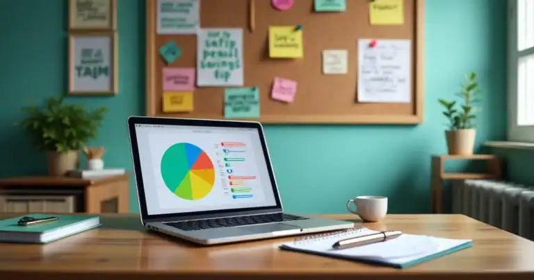 Espaço de trabalho organizado com laptop, caderno de finanças e quadro de inspirações sobre dinheiro.