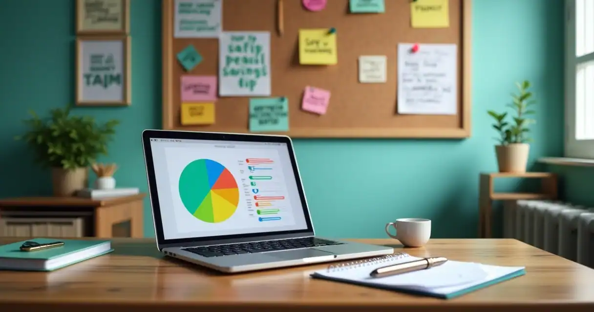 Espaço de trabalho organizado com laptop, caderno de finanças e quadro de inspirações sobre dinheiro.