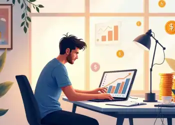 Trabalhador aut&ocirc;nomo em escrit&oacute;rio moderno, analisando gr&aacute;ficos de crescimento financeiro com simbologias ao redor.