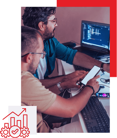 Modern software developers collaborating on automation solutions at a tech workspace.