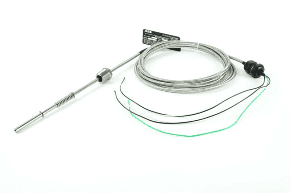 Flexible temperature sensor with metal probe, coiled wiring, and electronic connector for industrial automation applications.