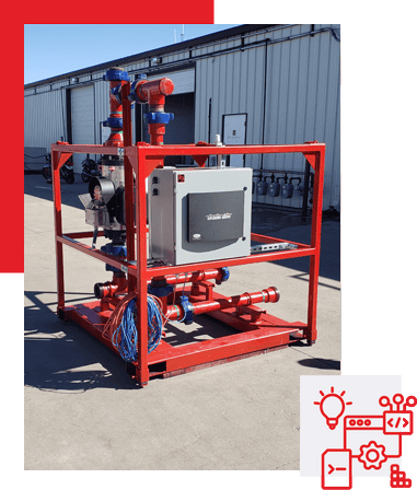 High-efficiency firefighting pump system setup with red pipes and control unit mounted on a metal frame at an industrial site.