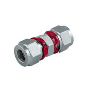Stainless steel hydraulic union fitting with red silicone gasket for industrial fluid connections.