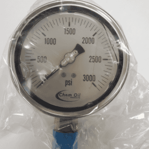 Oil pressure gauge with psi measurement in a sealed plastic bag from Chem Oil Products, used for industrial fluid control and automation systems.
